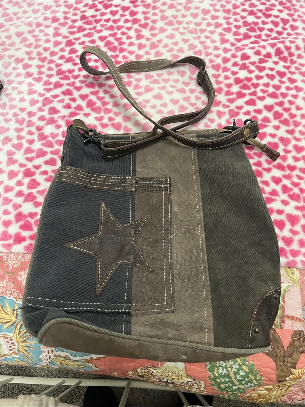 Myra Bag Brown and Gray Star Patch Shoulder Bag